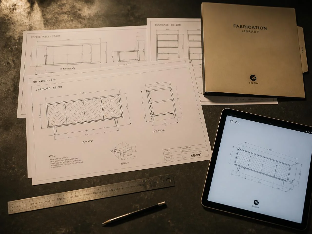 Biblioteca de planos técnicos impresos y en tablet sobre una mesa de taller