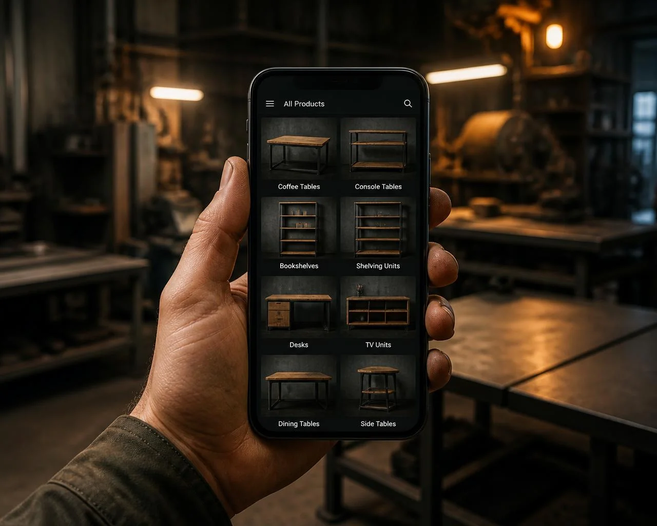 Celular mostrando el catálogo de diseños de muebles industriales en un taller