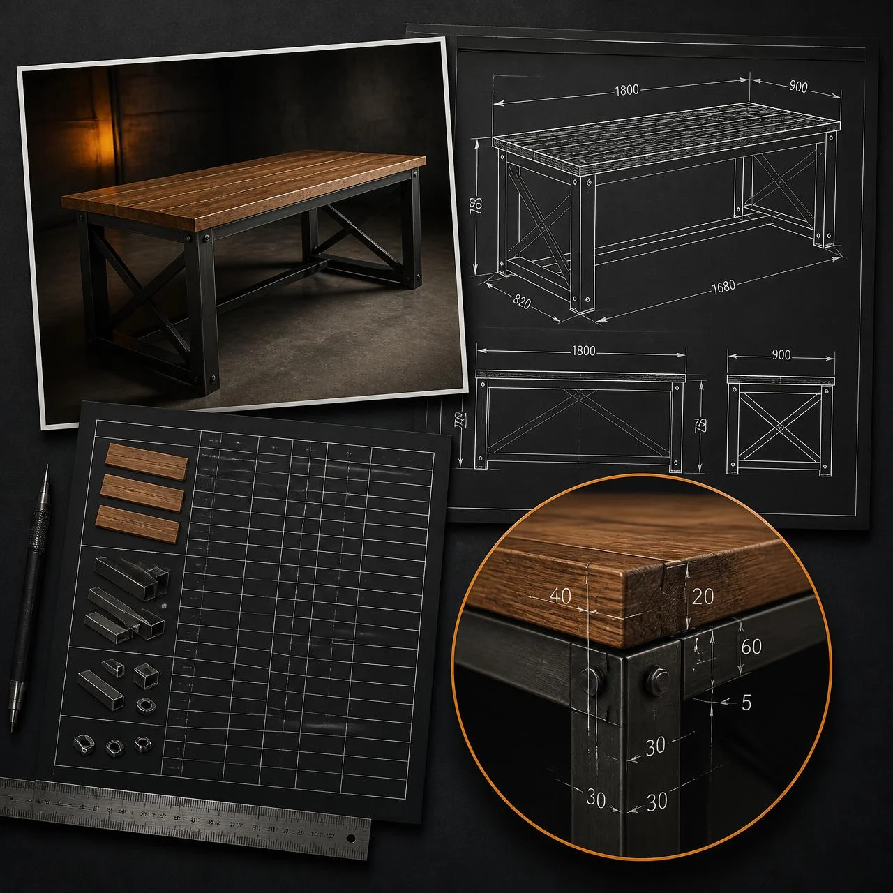 Mueble industrial terminado junto a su plano técnico con medidas y lista de materiales